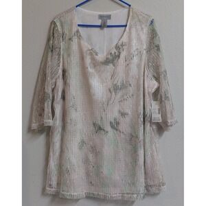 Catherines 1X Plus Size Floral Mesh Tunic Top 3/4 Sleeve Pink Green NWT